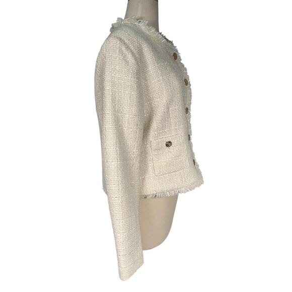 Rachel Zoe White Tweed Fringe Blazer Jacket Gold Buttons Large Quiet Luxury - Picture 4 of 11